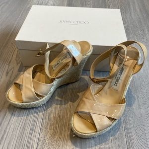 Jimmy Choo nude patent leather wedge sandal